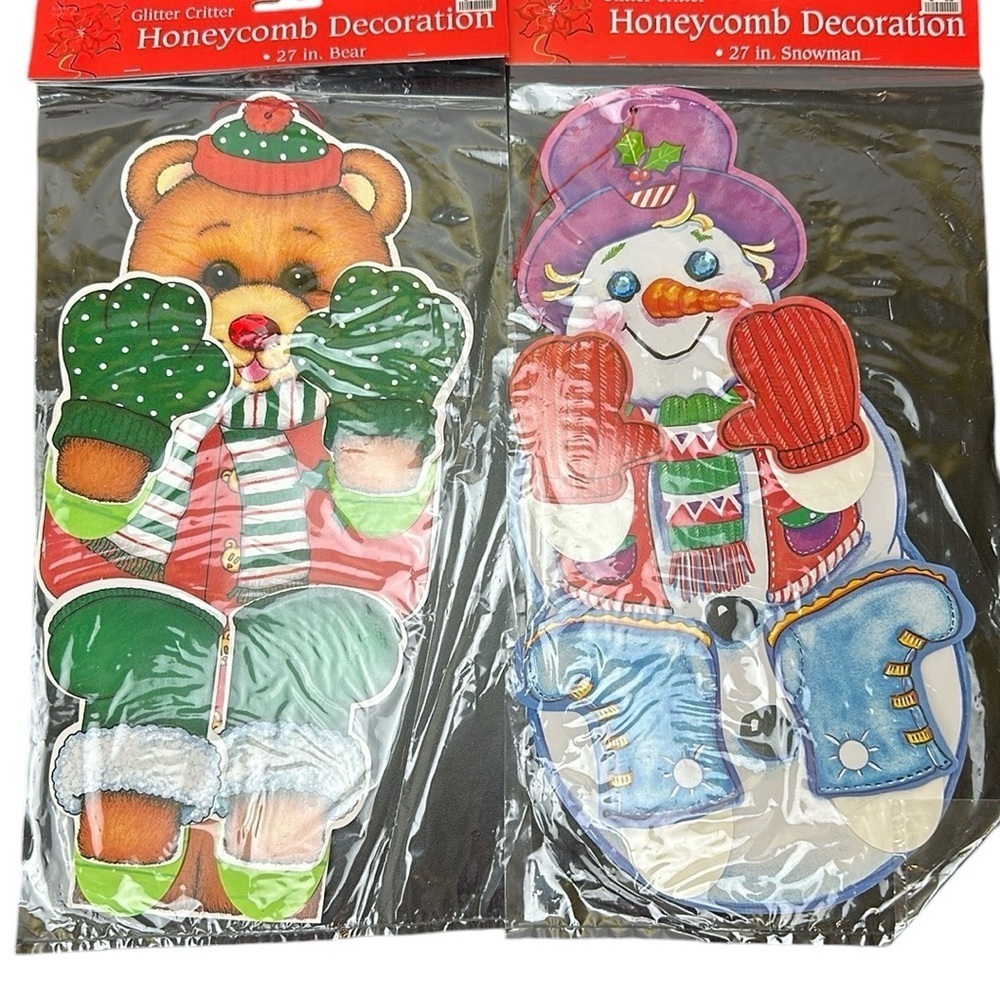 Glitter Critter Honeycomb‎ Cut Outs Cardboard Christmas Decor Snowman & Bear 27”